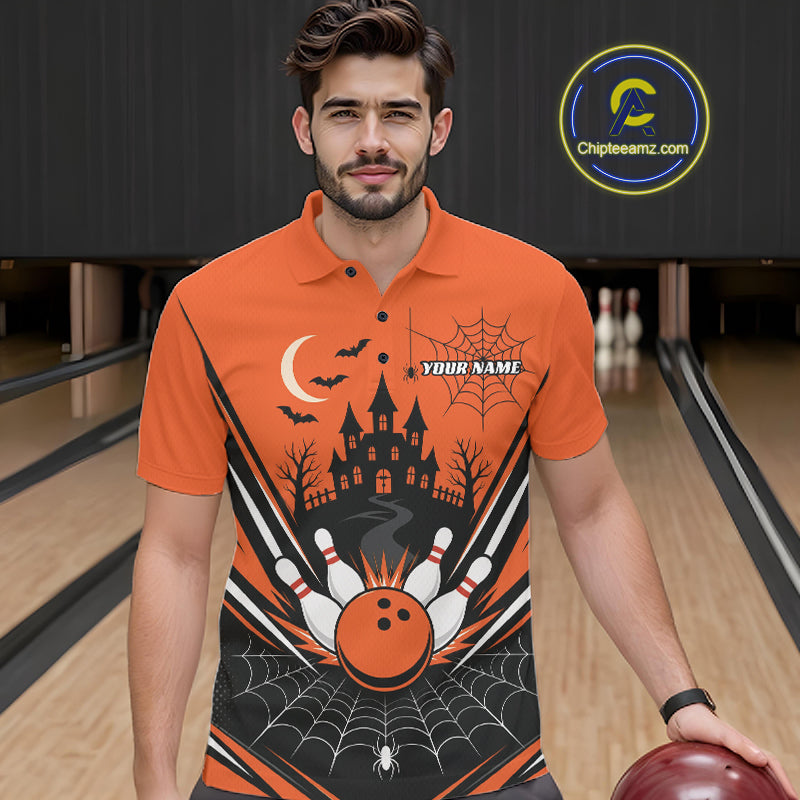 Custom Orange Halloween Theme Haunted Castle And Spiderwebs Bowling Men Polo Shirt IPHW11986