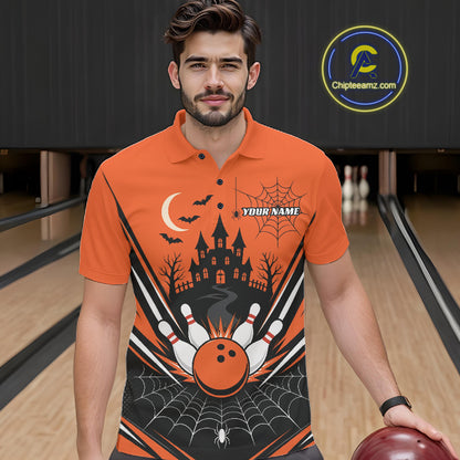 Custom Orange Halloween Theme Haunted Castle And Spiderwebs Bowling Men Polo Shirt IPHW11986