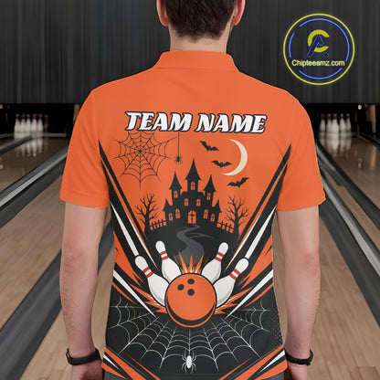 Custom Orange Halloween Theme Haunted Castle And Spiderwebs Bowling Men Polo Shirt IPHW11986