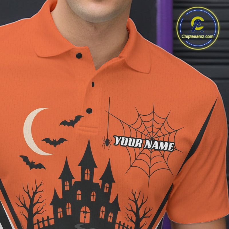 Custom Orange Halloween Theme Haunted Castle And Spiderwebs Bowling Men Polo Shirt IPHW11986