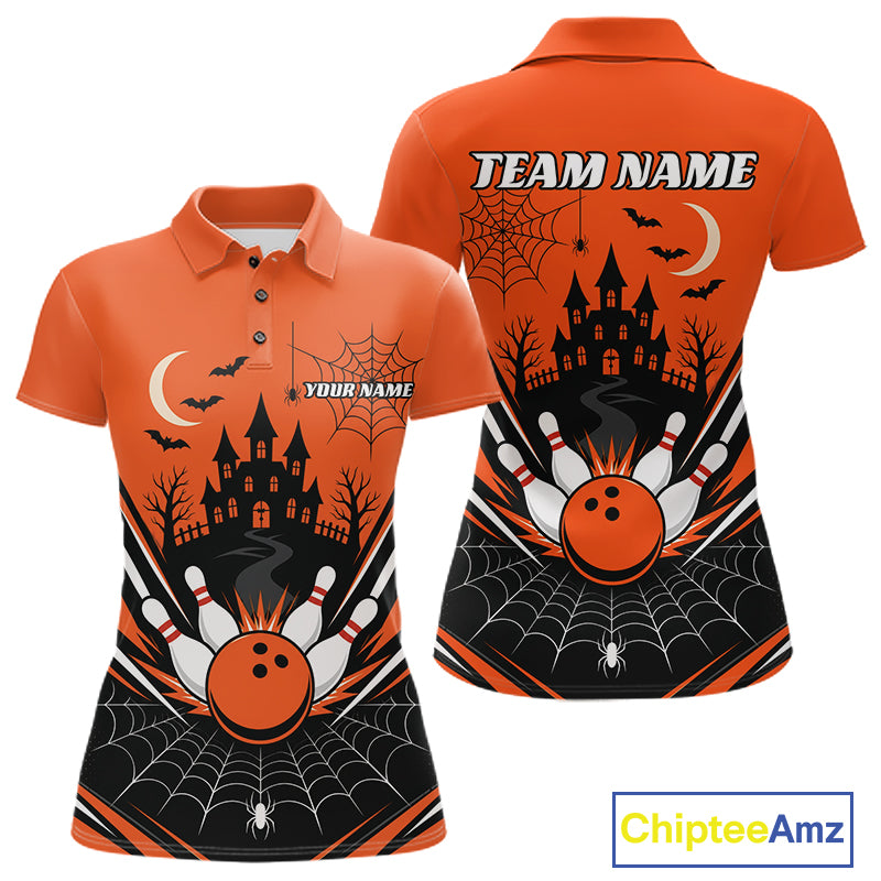 Custom Orange Halloween Theme Haunted Castle And Spiderwebs Bowling Women Polo Shirt IPHW11986