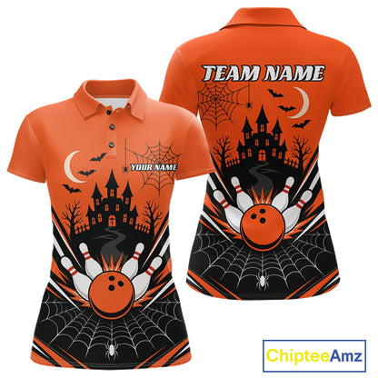 Custom Orange Halloween Theme Haunted Castle And Spiderwebs Bowling Women Polo Shirt IPHW11986
