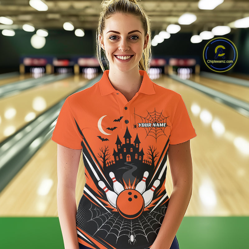 Custom Orange Halloween Theme Haunted Castle And Spiderwebs Bowling Women Polo Shirt IPHW11986