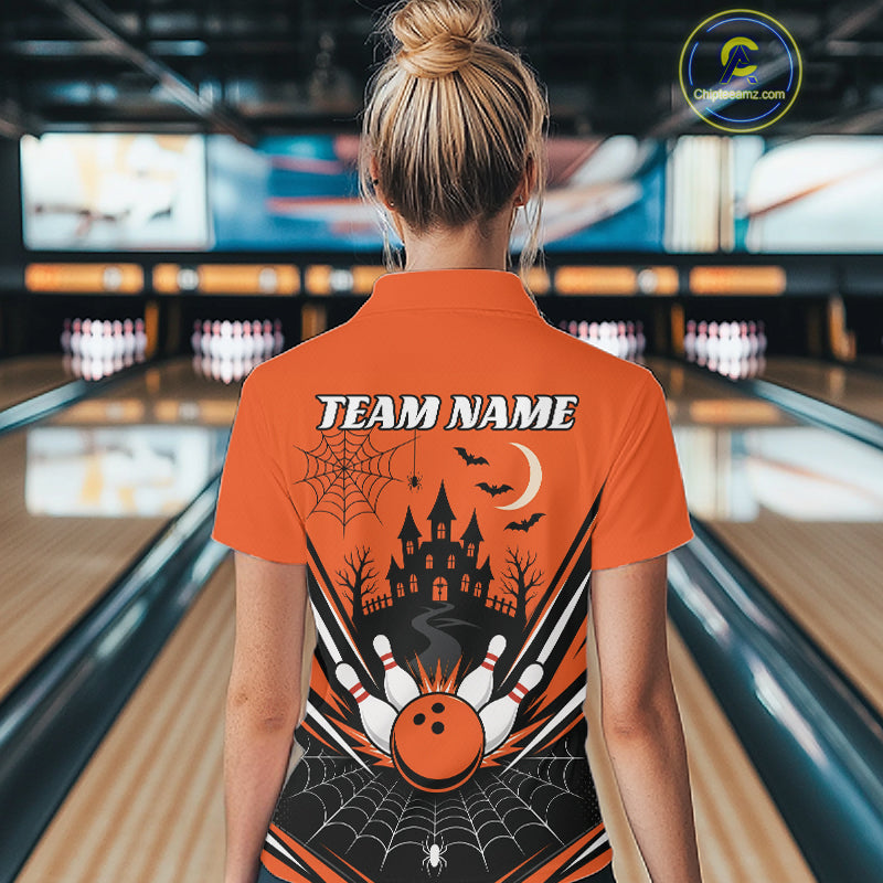 Custom Orange Halloween Theme Haunted Castle And Spiderwebs Bowling Women Polo Shirt IPHW11986