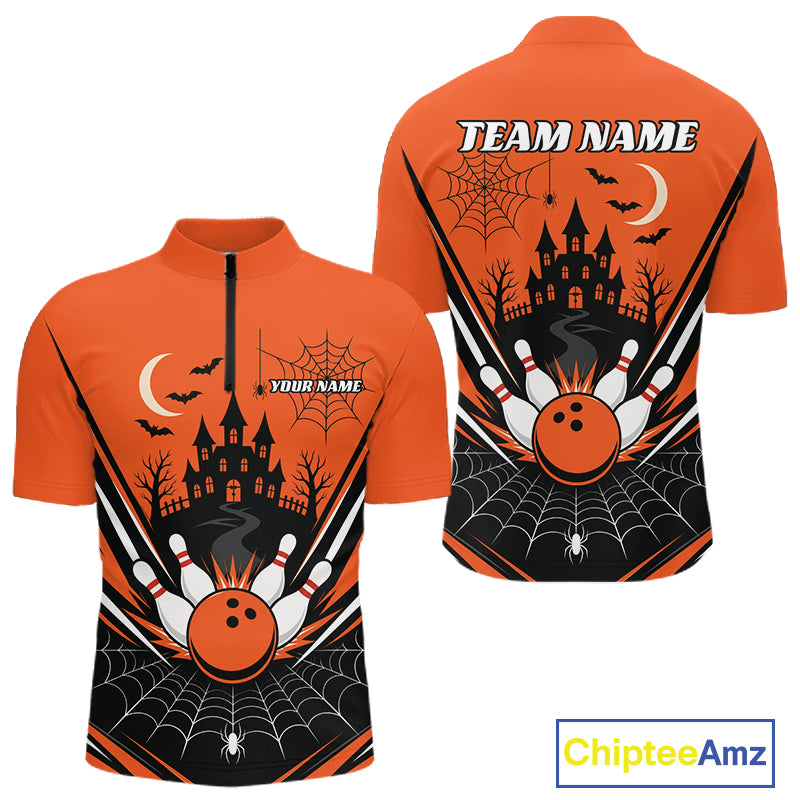 Custom Orange Halloween Theme Haunted Castle And Spiderwebs Bowling Men Quarter Zip Shirt IPHW11986