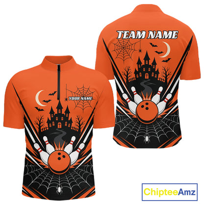 Custom Orange Halloween Theme Haunted Castle And Spiderwebs Bowling Men Quarter Zip Shirt IPHW11986
