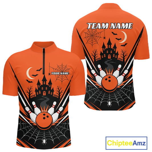 Custom Orange Halloween Theme Haunted Castle And Spiderwebs Bowling Men Quarter Zip Shirt IPHW11986