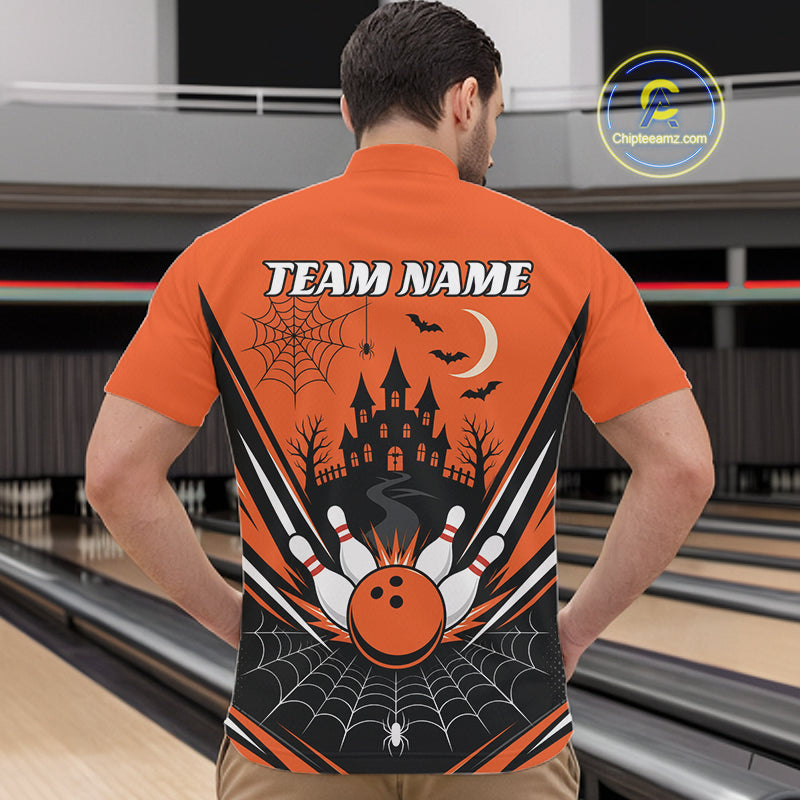 Custom Orange Halloween Theme Haunted Castle And Spiderwebs Bowling Men Quarter Zip Shirt IPHW11986