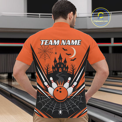Custom Orange Halloween Theme Haunted Castle And Spiderwebs Bowling Men Quarter Zip Shirt IPHW11986