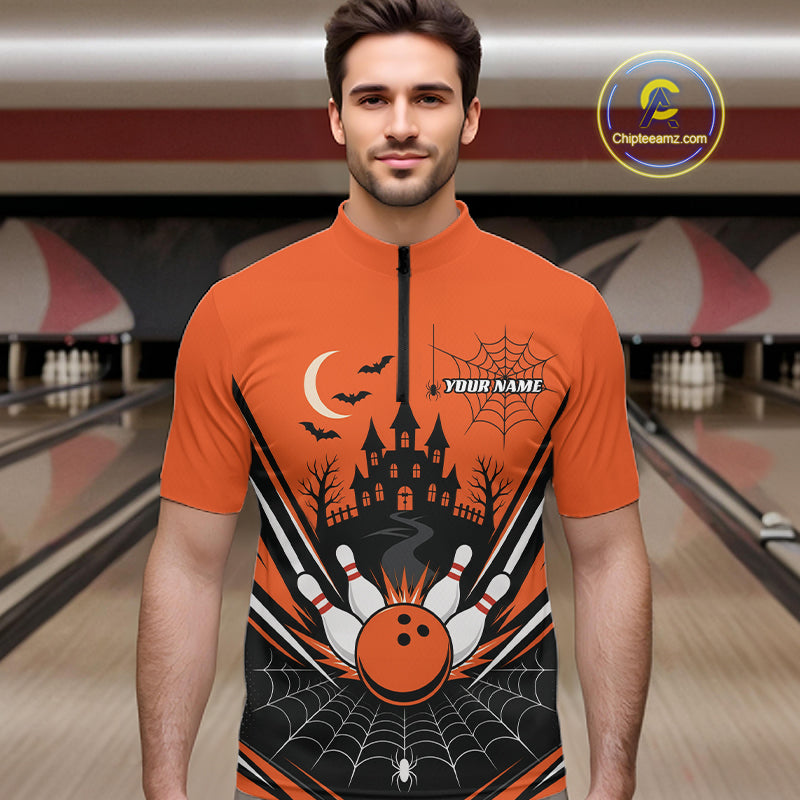 Custom Orange Halloween Theme Haunted Castle And Spiderwebs Bowling Men Quarter Zip Shirt IPHW11986
