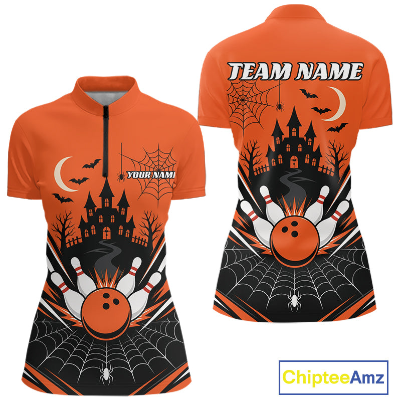 Custom Orange Halloween Haunted Castle And Spiderwebs Bowling Women Quarter-Zip Shirt IPHW11986