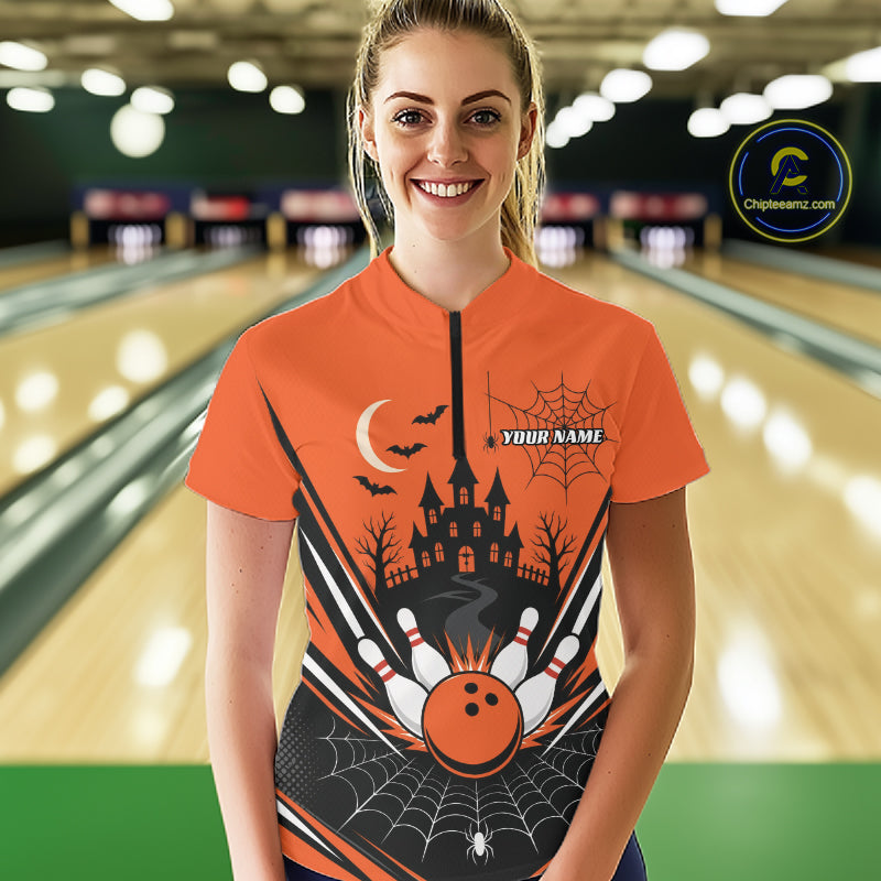 Custom Orange Halloween Haunted Castle And Spiderwebs Bowling Women Quarter-Zip Shirt IPHW11986