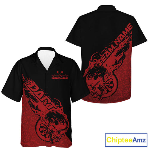 Custom Red Flame Skull Dartboard Dart Men And Women Hawaiian Shirt, Halloween Dart Team Outfit IPHW9942
