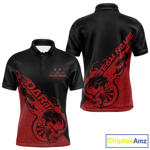 Custom Red Flame Skull Dartboard Dart Men Polo Shirt, Halloween Dart Team Outfit IPHW9942