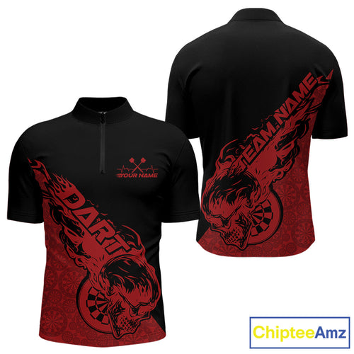 Custom Red Flame Skull Dartboard Dart Men Quarter-Zip Shirt, Halloween Dart Team Outfit IPHW9942