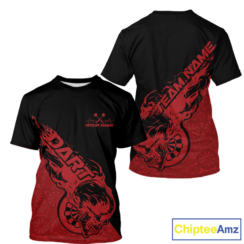 Custom Red Flame Skull Dartboard Dart Men T-Shirts, Halloween Dart Team Outfit IPHW9942