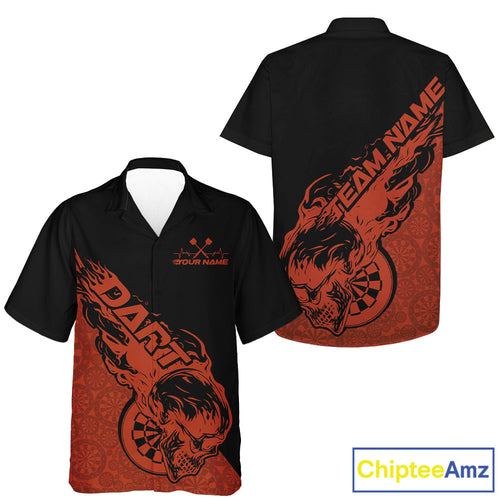 Custom Orange Flame Skull Dartboard Dart Men And Women Hawaiian Shirt, Halloween Dart Team Outfit IPHW9943