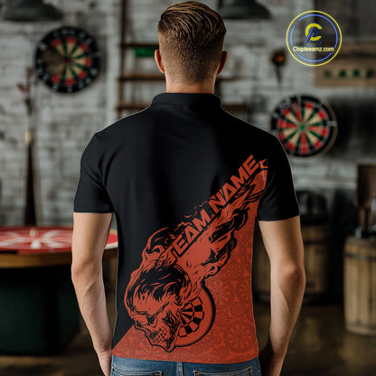 Custom Orange Flame Skull Dartboard Dart Men Polo Shirt, Halloween Dart Team Outfit IPHW9943