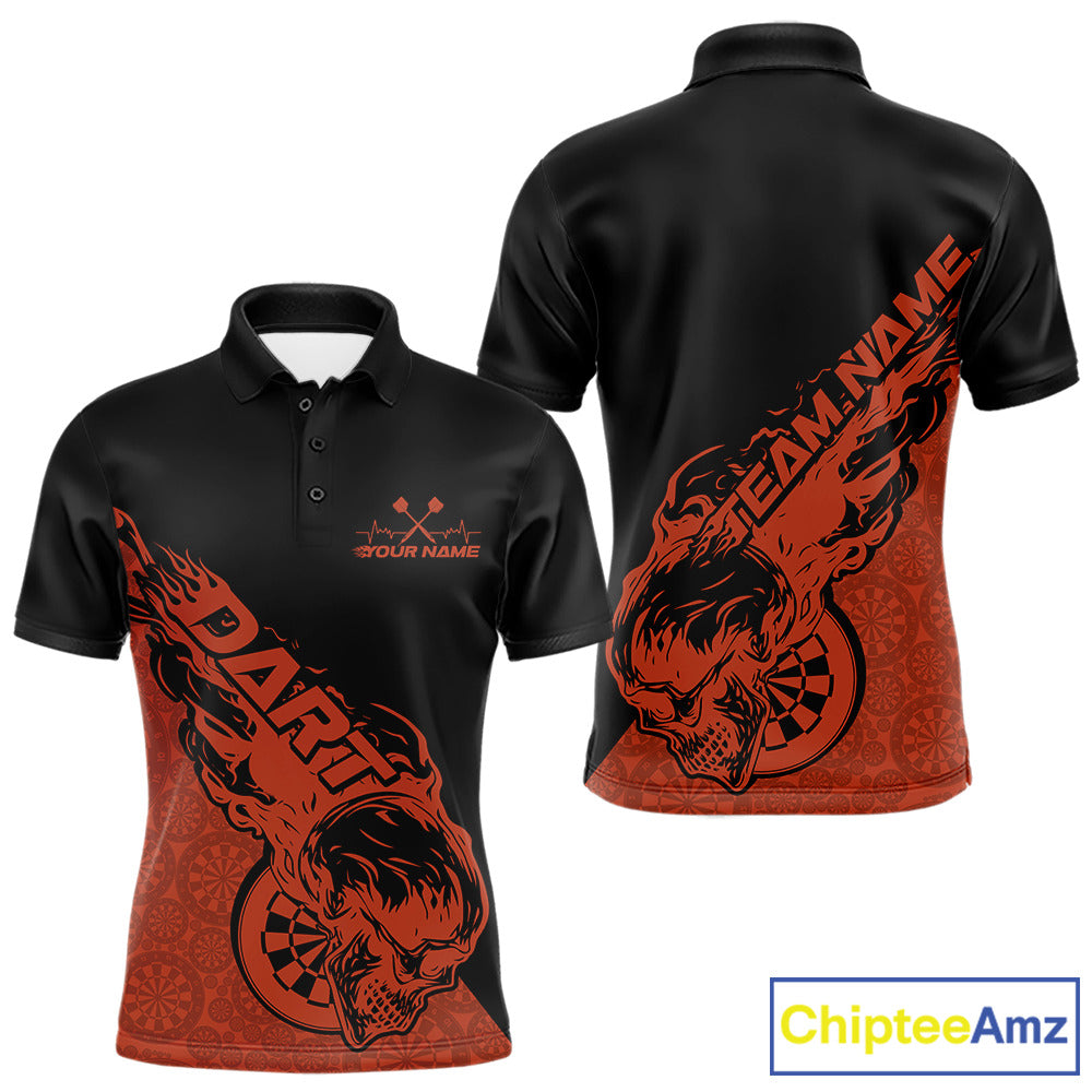 Custom Orange Flame Skull Dartboard Dart Men Polo Shirt, Halloween Dart Team Outfit IPHW9943