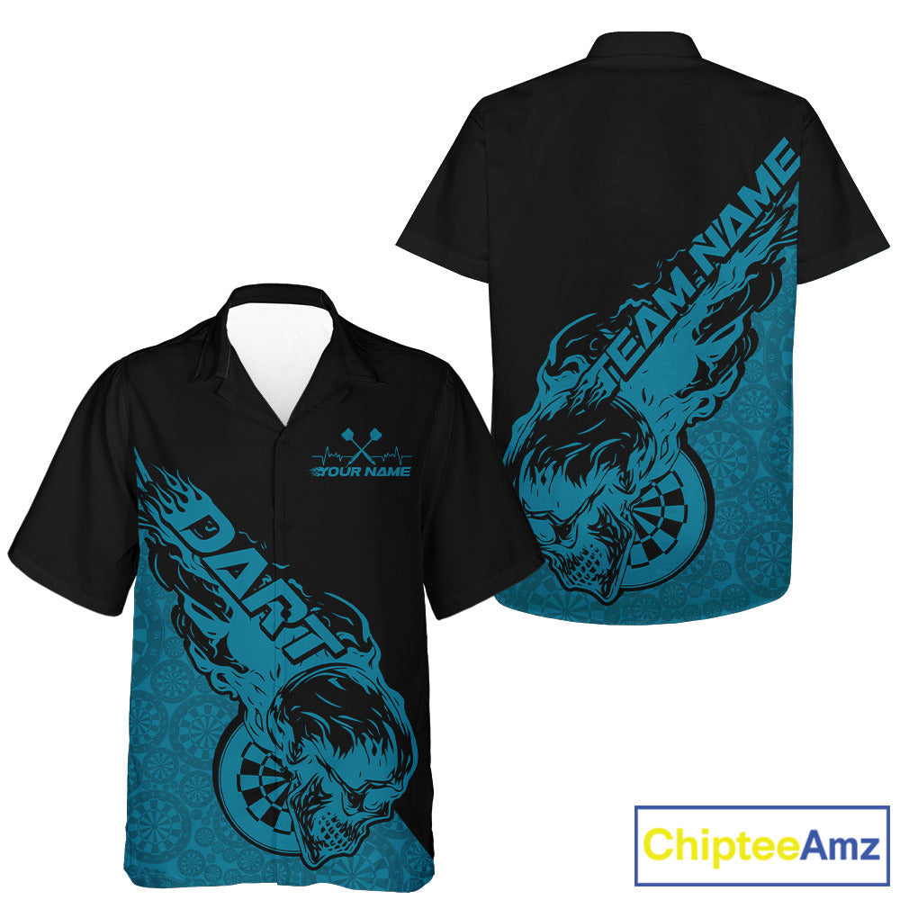 Custom Blue Flame Skull Dartboard Dart Men And Women Hawaiian Shirt, Halloween Dart Team Outfit IPHW9944