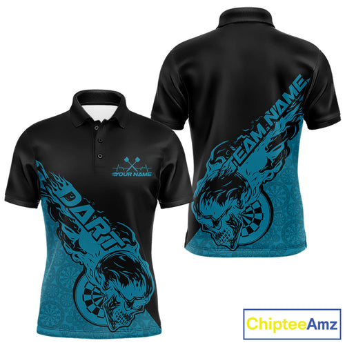 Custom Blue Flame Skull Dartboard Dart Men Polo Shirt, Halloween Dart Team Outfit IPHW9944