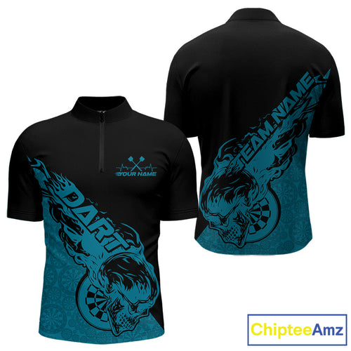 Custom Blue Flame Skull Dartboard Dart Men Quarter-Zip Shirt, Halloween Dart Team Outfit IPHW9944