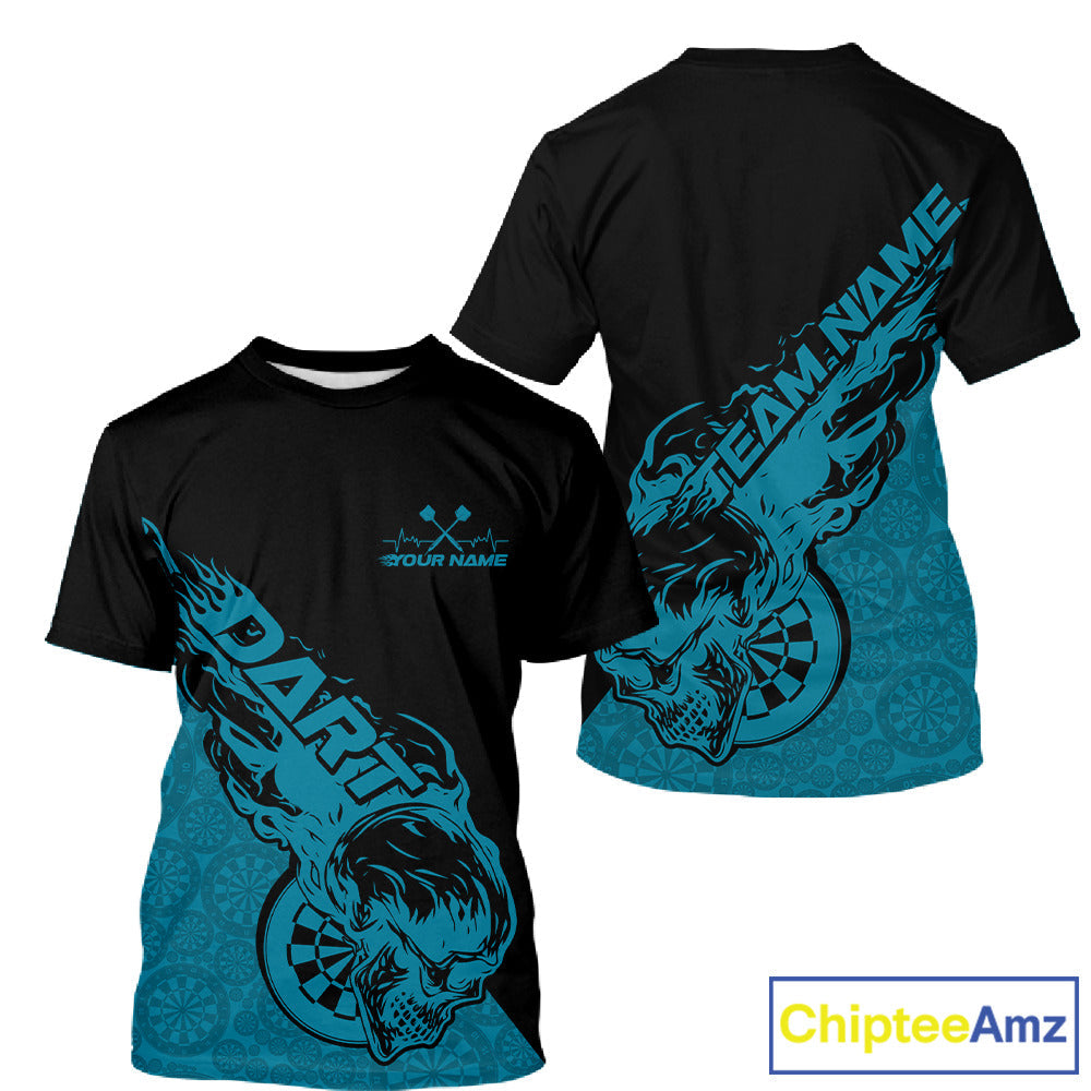 Custom Blue Flame Skull Dartboard Dart Men T-Shirts, Halloween Dart Team Outfit IPHW9944