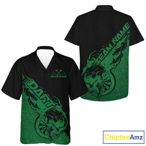 Custom Green Flame Skull Dartboard Dart Men And Women Hawaiian Shirt, Halloween Dart Team Outfit IPHW9945
