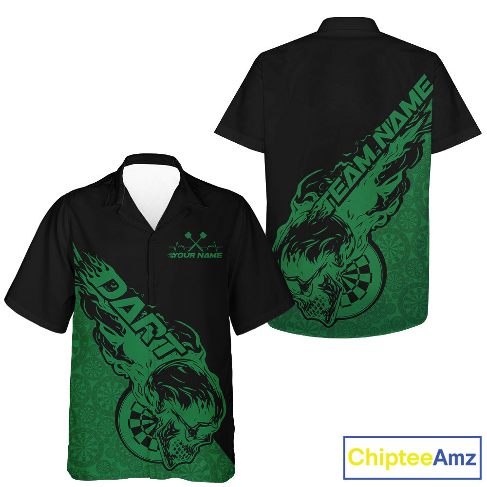 Custom Green Flame Skull Dartboard Dart Men And Women Hawaiian Shirt, Halloween Dart Team Outfit IPHW9945
