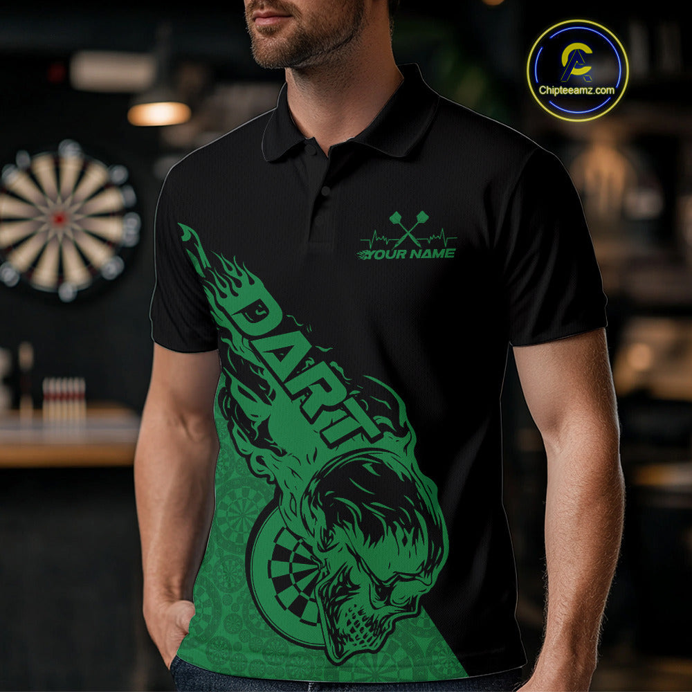 Custom Green Flame Skull Dartboard Dart Men Polo Shirt, Halloween Dart Team Outfit IPHW9945