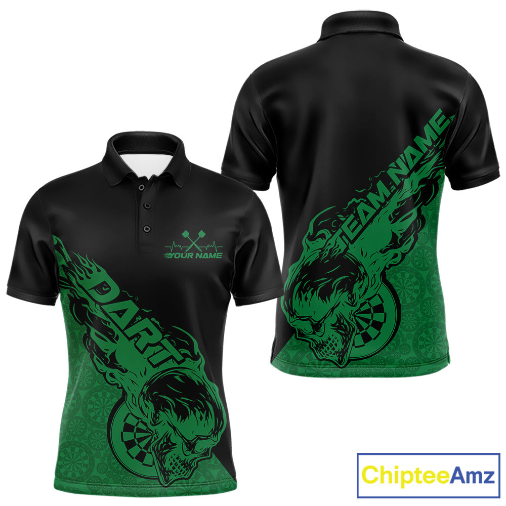 Custom Green Flame Skull Dartboard Dart Men Polo Shirt, Halloween Dart Team Outfit IPHW9945