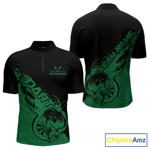 Custom Green Flame Skull Dartboard Dart Men Quarter-Zip Shirt, Halloween Dart Team Outfit IPHW9945