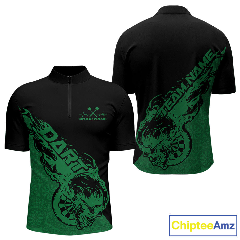Custom Green Flame Skull Dartboard Dart Men Quarter-Zip Shirt, Halloween Dart Team Outfit IPHW9945