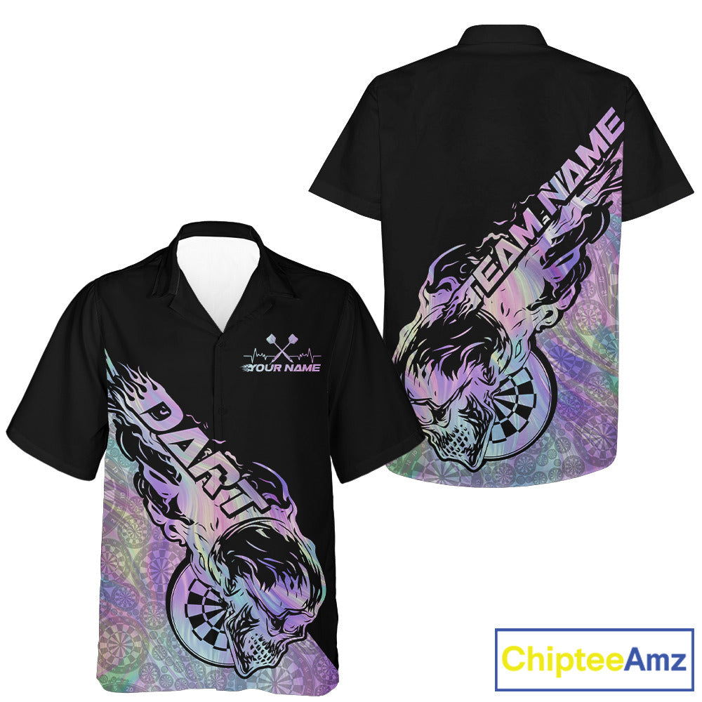 Custom Hologram Flame Skull Dartboard Dart Men And Women Hawaiian Shirt, Halloween Dart Team Outfit IPHW9946