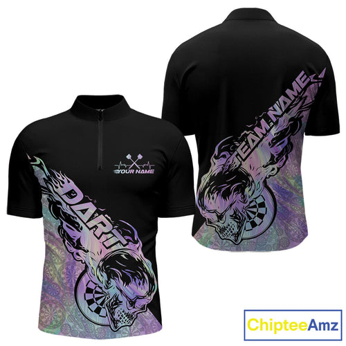 Custom Hologram Flame Skull Dartboard Dart Men Quarter-Zip Shirt, Halloween Dart Team Outfit IPHW9946