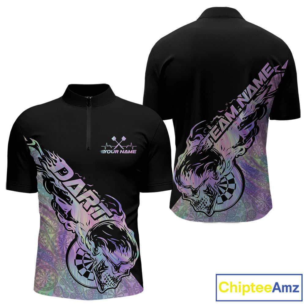 Custom Hologram Flame Skull Dartboard Dart Men Quarter-Zip Shirt, Halloween Dart Team Outfit IPHW9946