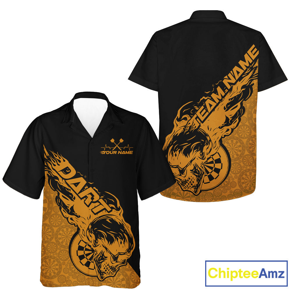 Custom Yellow Flame Skull Dartboard Dart Men And Women Hawaiian Shirt, Halloween Dart Team Outfit IPHW9947