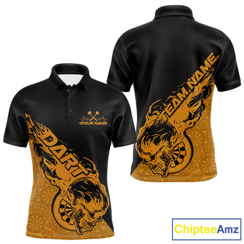 Custom Yellow Flame Skull Dartboard Dart Men Polo Shirt, Halloween Dart Team Outfit IPHW9947