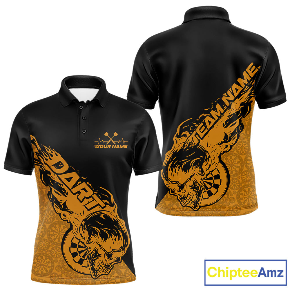 Custom Yellow Flame Skull Dartboard Dart Men Polo Shirt, Halloween Dart Team Outfit IPHW9947