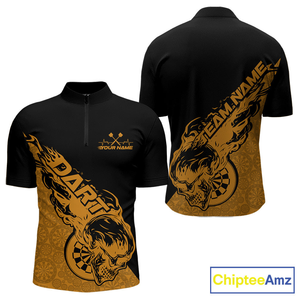 Custom Yellow Flame Skull Dartboard Dart Men Quarter-Zip Shirt, Halloween Dart Team Outfit IPHW9947