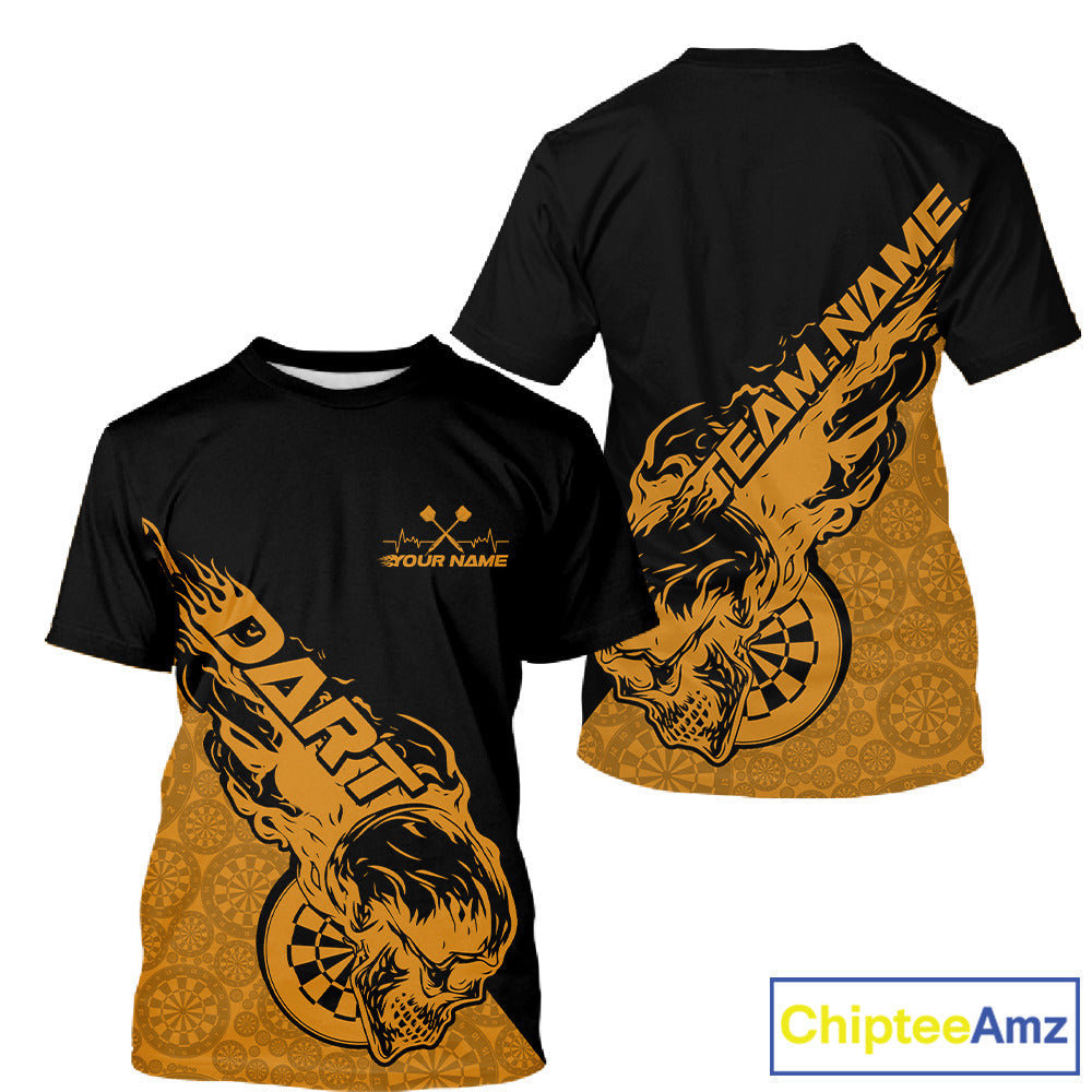 Custom Yellow Flame Skull Dartboard Dart Men T-Shirts, Halloween Dart Team Outfit IPHW9947