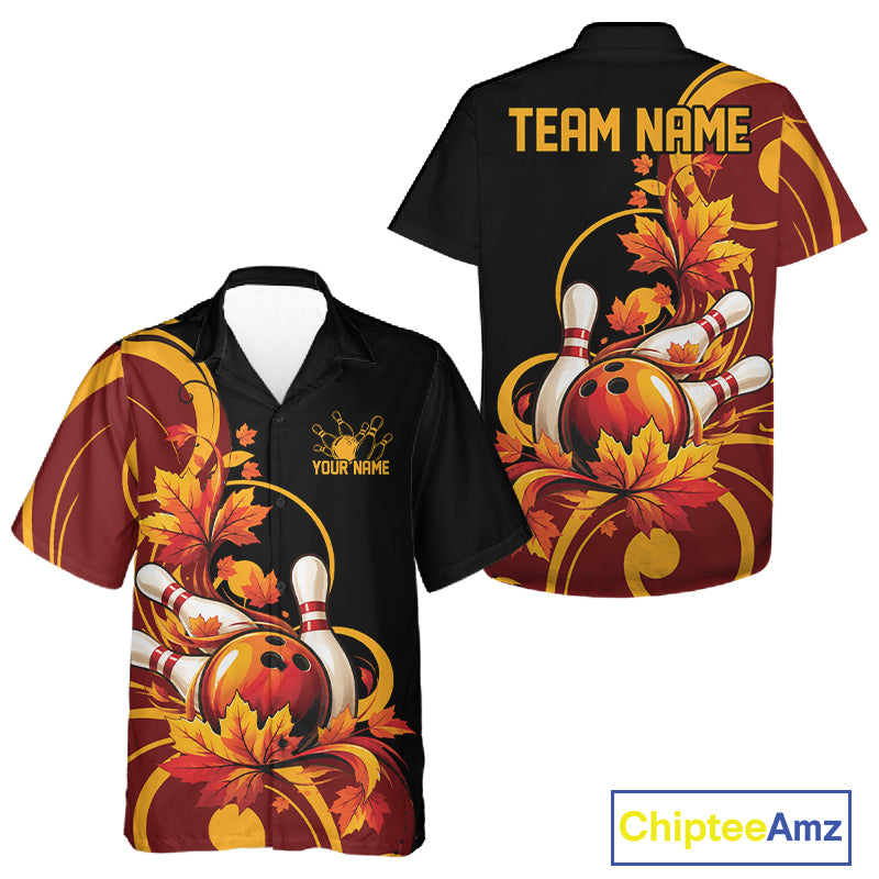 Custom Autumn Maple Leaf Thanksgiving Bowling Team Men And Women Button Up Shirt Bowler Outfit IPHW12802