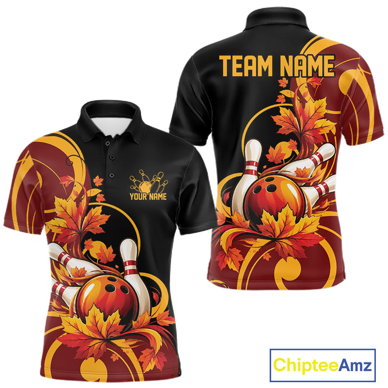 Custom Autumn Maple Leaf Thanksgiving Bowling Team Men Polo Shirt Bowler Outfit IPHW12802