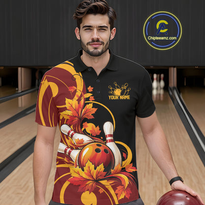 Custom Autumn Maple Leaf Thanksgiving Bowling Team Men Polo Shirt Bowler Outfit IPHW12802