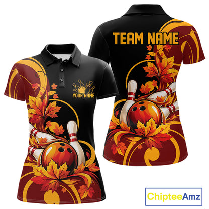 Custom Autumn Maple Leaf Thanksgiving Bowling Team Women Polo Shirt Bowler Outfit IPHW12802