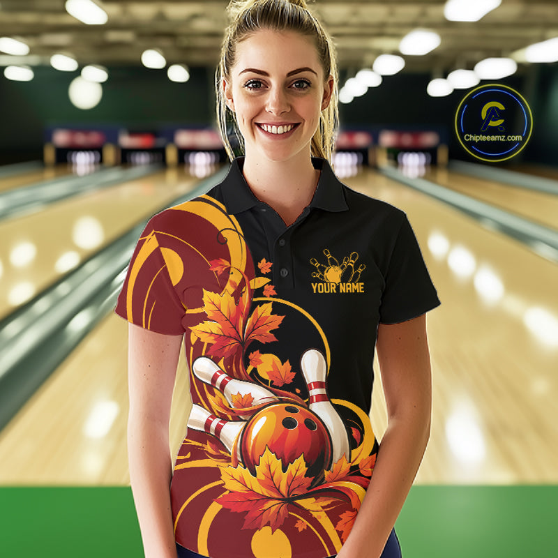 Custom Autumn Maple Leaf Thanksgiving Bowling Team Women Polo Shirt Bowler Outfit IPHW12802