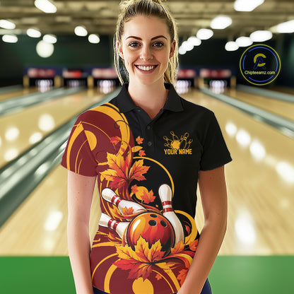 Custom Autumn Maple Leaf Thanksgiving Bowling Team Women Polo Shirt Bowler Outfit IPHW12802