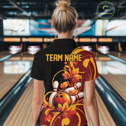 Custom Autumn Maple Leaf Thanksgiving Bowling Team Women Polo Shirt Bowler Outfit IPHW12802
