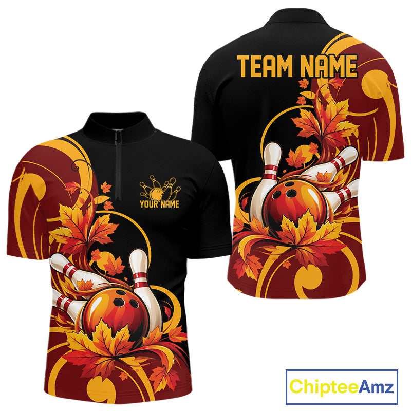 Custom Autumn Maple Leaf Thanksgiving Bowling Team Men Quarter Zip Shirt Bowler Outfit IPHW12802