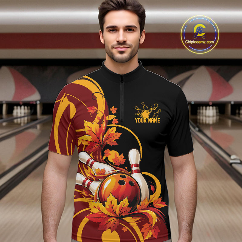 Custom Autumn Maple Leaf Thanksgiving Bowling Team Men Quarter Zip Shirt Bowler Outfit IPHW12802